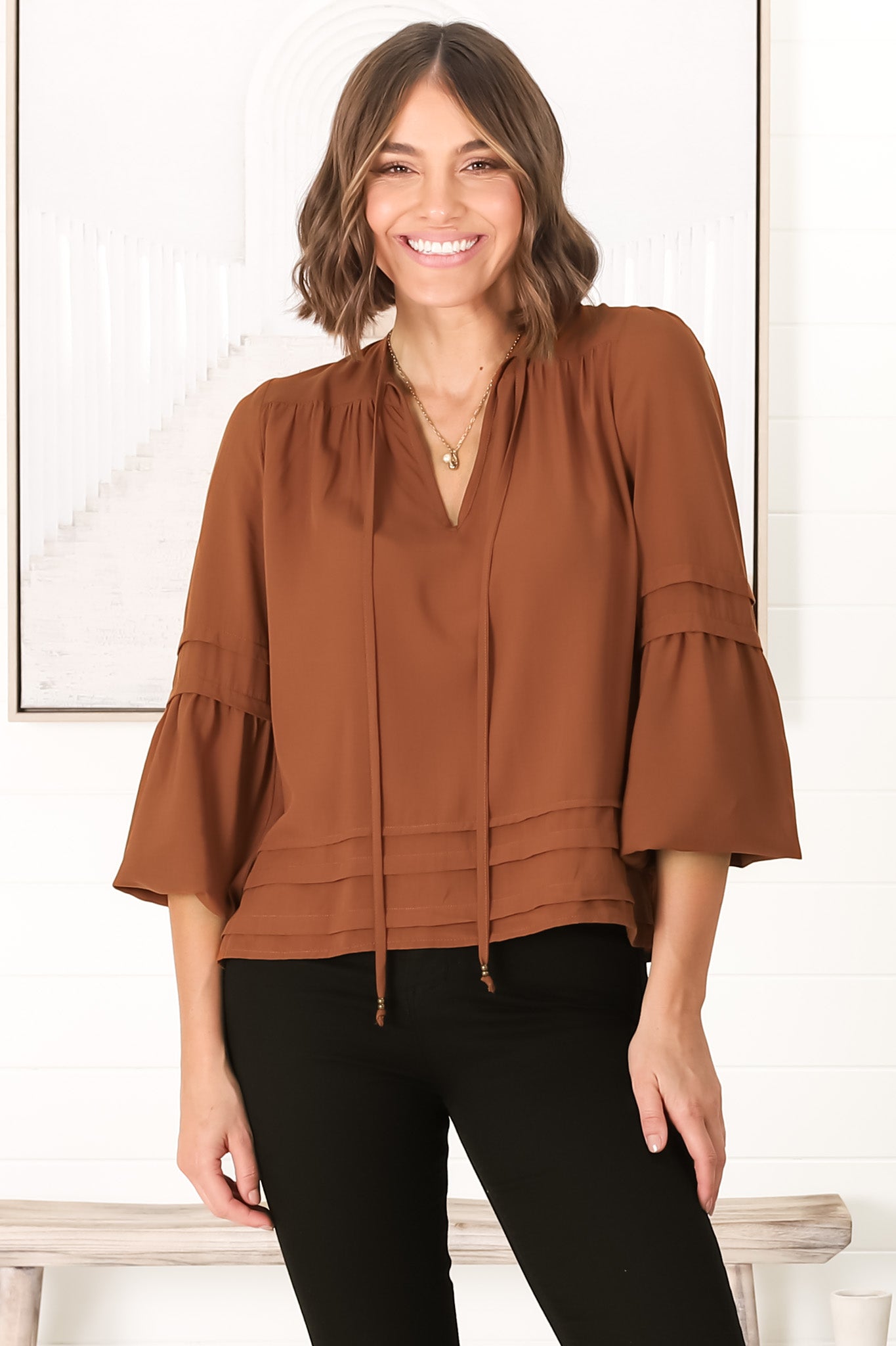 Albany Top - Pleating Details Pull Over Top with Long Balloon Sleeves in Tan