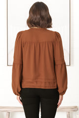 Albany Top - Pleating Details Pull Over Top with Long Balloon Sleeves in Tan