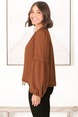 Albany Top - Pleating Details Pull Over Top with Long Balloon Sleeves in Tan