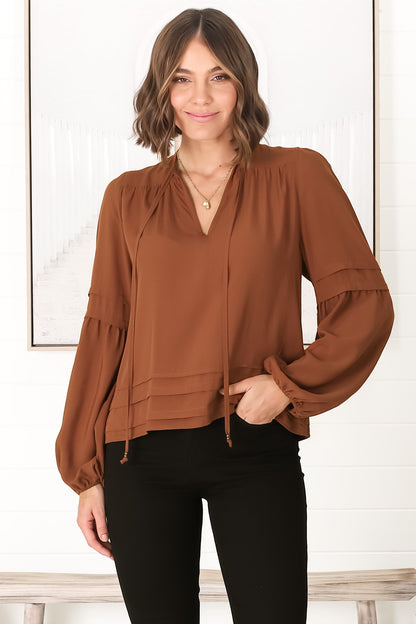 Albany Top - Pleating Details Pull Over Top with Long Balloon Sleeves in Tan