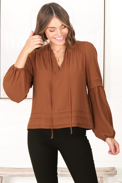 Albany Top - Pleating Details Pull Over Top with Long Balloon Sleeves in Tan