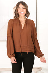 Albany Top - Pleating Details Pull Over Top with Long Balloon Sleeves in Tan