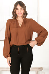 Albany Top - Pleating Details Pull Over Top with Long Balloon Sleeves in Tan