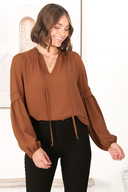 Albany Top - Pleating Details Pull Over Top with Long Balloon Sleeves in Tan