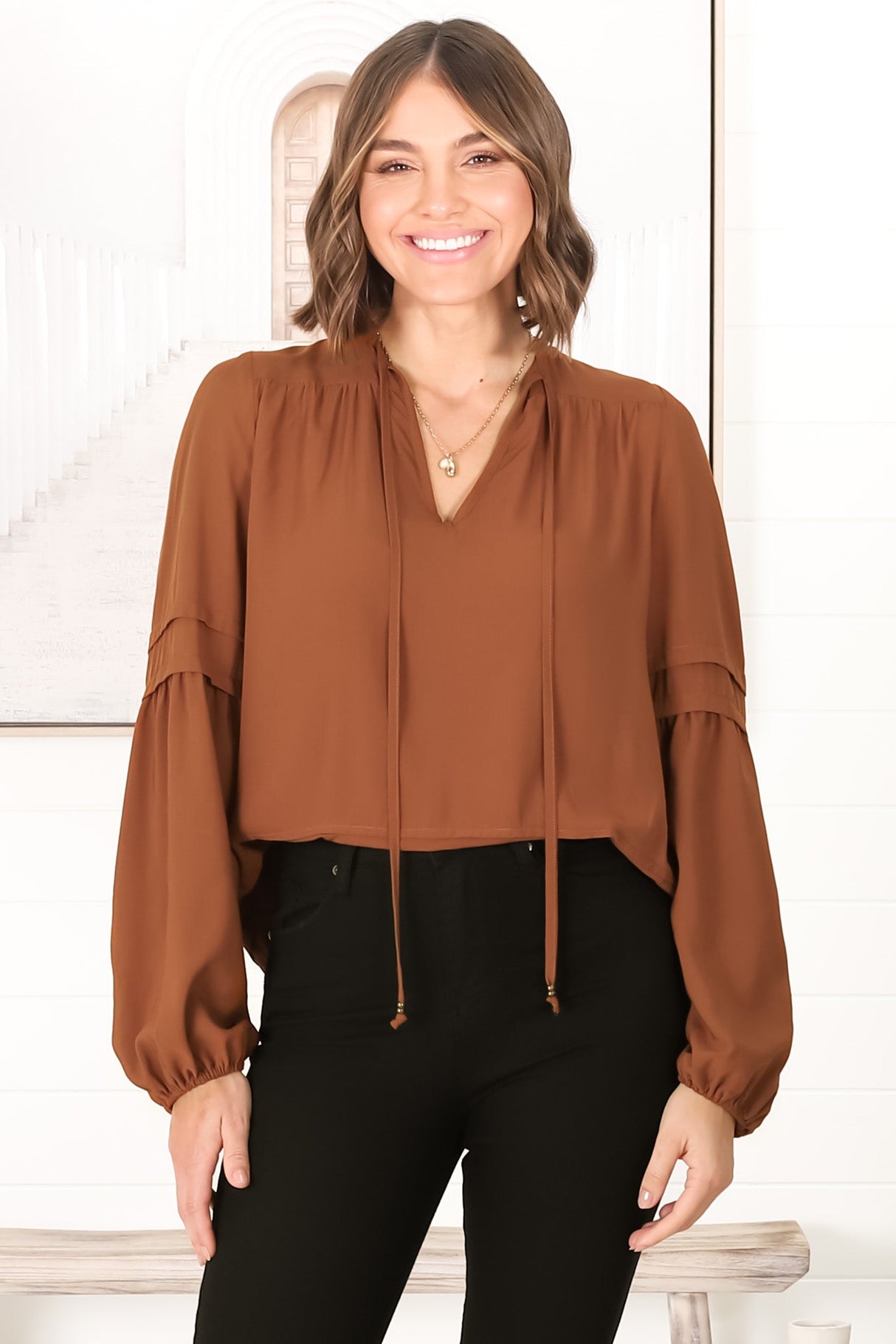 Albany Top - Pleating Details Pull Over Top with Long Balloon Sleeves in Tan