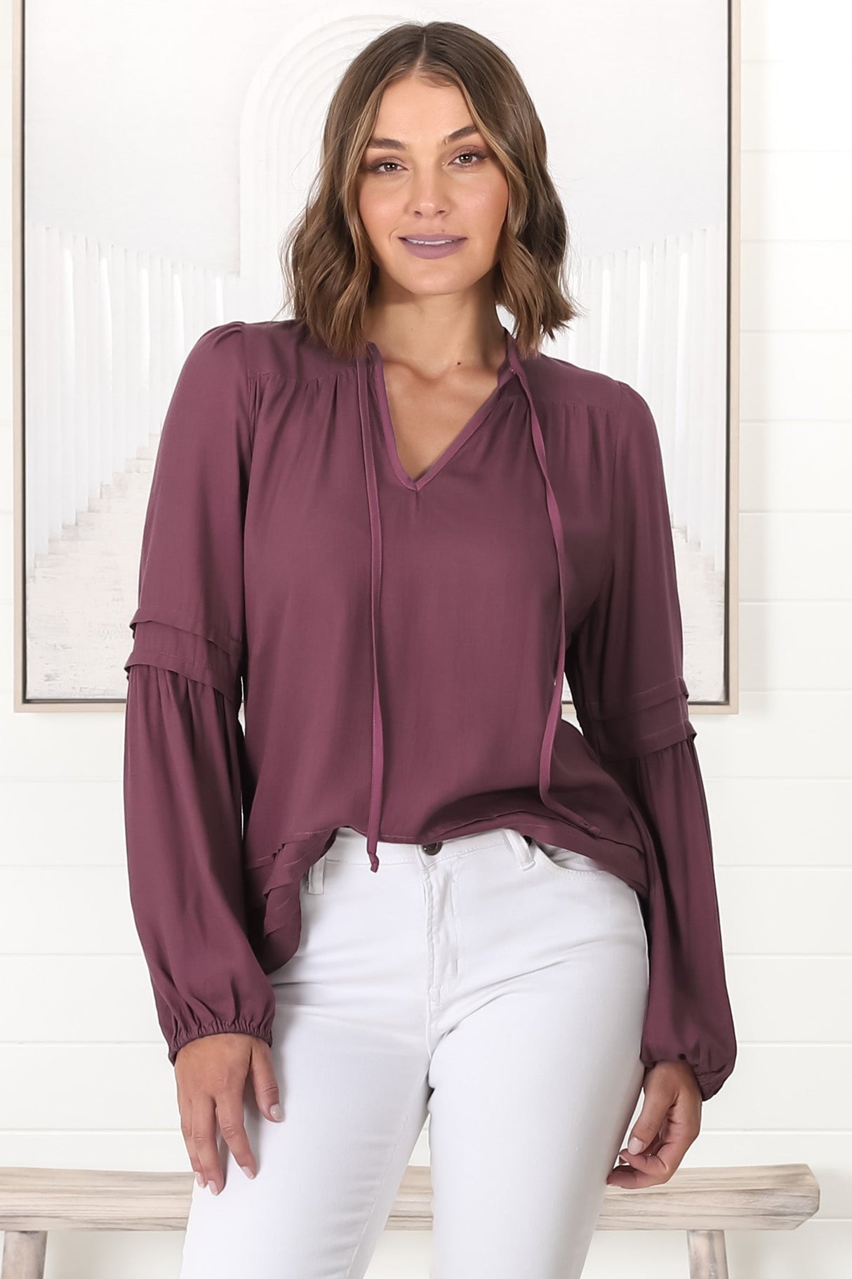 Albany Top - Pleating Details Pull Over Top With Long Balloon Sleeves In Wine