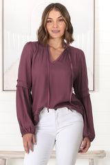 Albany Top - Pleating Details Pull Over Top With Long Balloon Sleeves In Wine