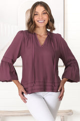 Albany Top - Pleating Details Pull Over Top With Long Balloon Sleeves In Wine