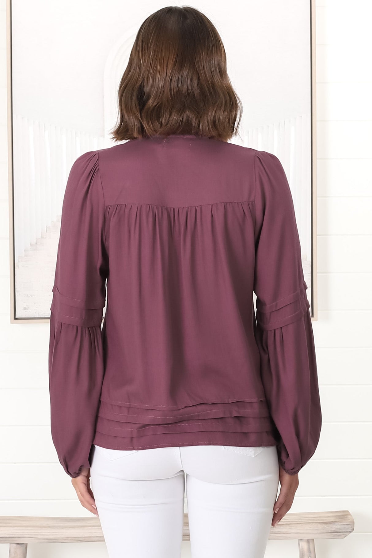 Albany Top - Pleating Details Pull Over Top With Long Balloon Sleeves In Wine