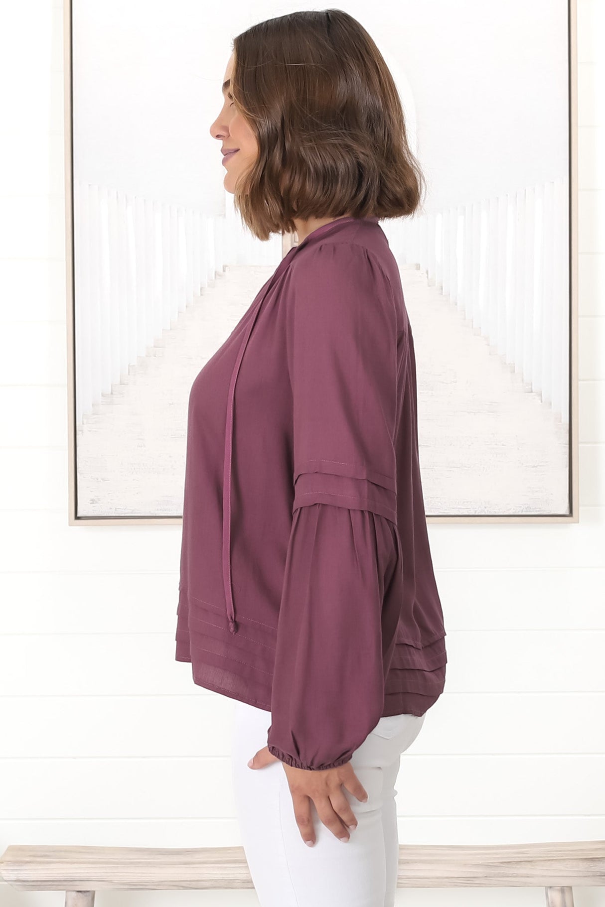 Albany Top - Pleating Details Pull Over Top With Long Balloon Sleeves In Wine