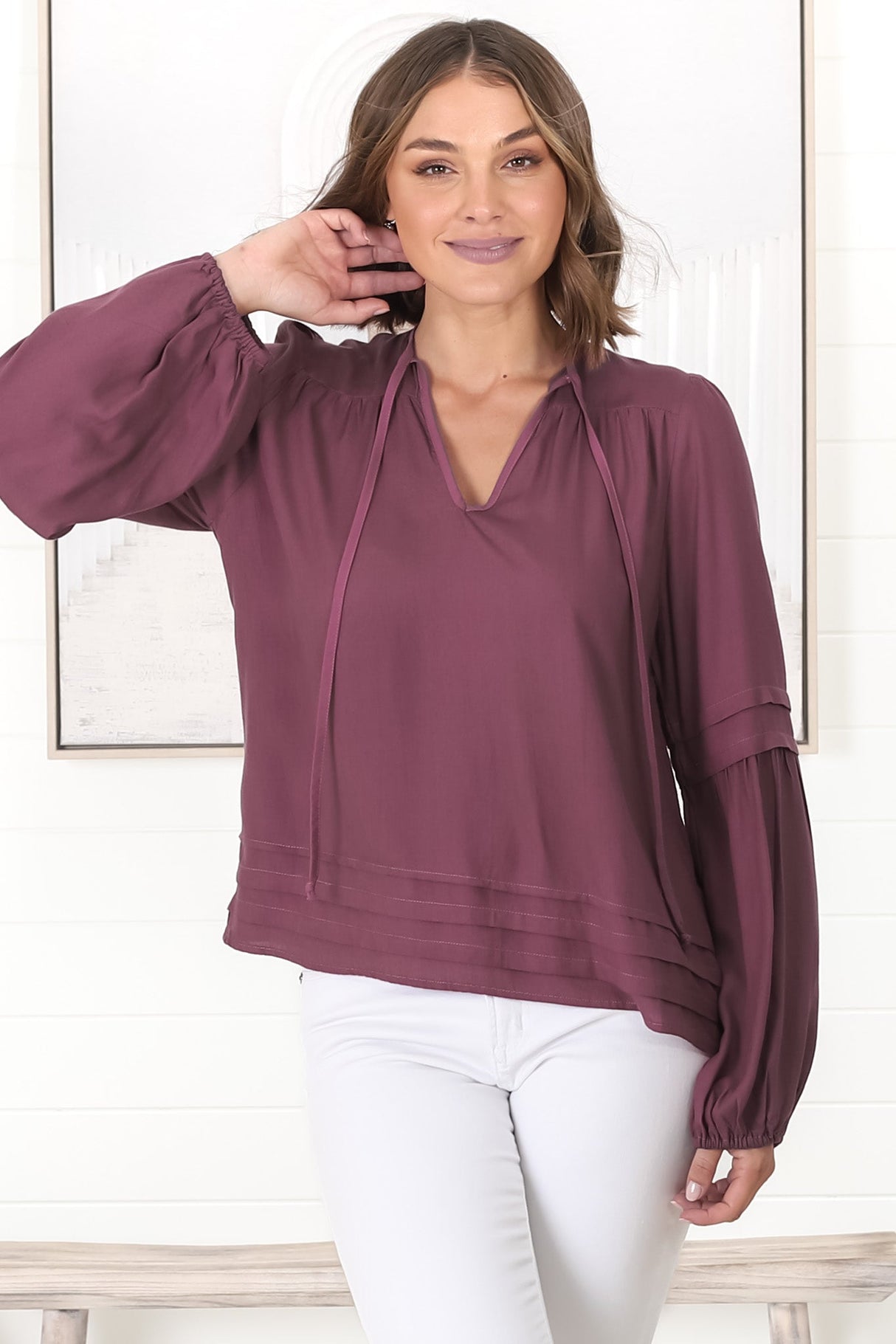 Albany Top - Pleating Details Pull Over Top With Long Balloon Sleeves In Wine