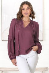 Albany Top - Pleating Details Pull Over Top With Long Balloon Sleeves In Wine