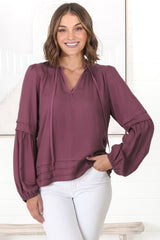 Albany Top - Pleating Details Pull Over Top With Long Balloon Sleeves In Wine