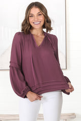 Albany Top - Pleating Details Pull Over Top With Long Balloon Sleeves In Wine