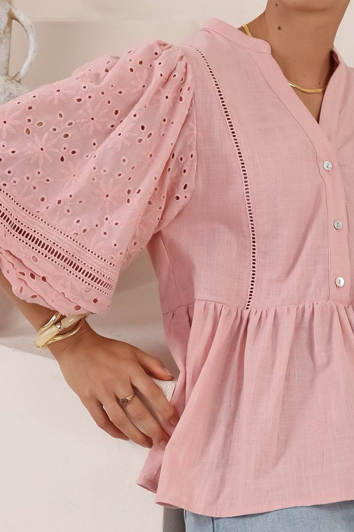Alberta Blouse - Mandarin Collar Cut Out Embelished Balloon Sleeve Top in Pink