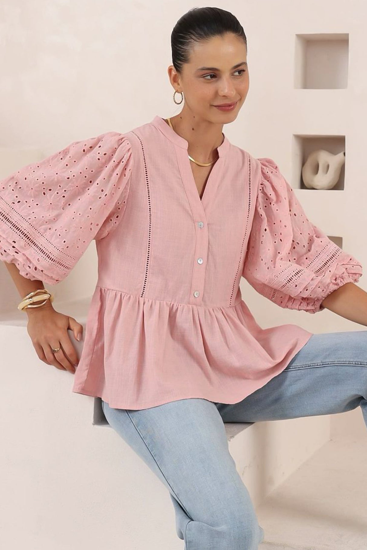 Alberta Blouse - Mandarin Collar Cut Out Embelished Balloon Sleeve Top in Pink