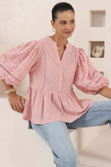 Alberta Blouse - Mandarin Collar Cut Out Embelished Balloon Sleeve Top in Pink