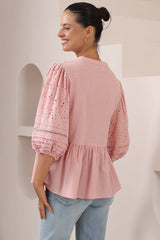 Alberta Blouse - Mandarin Collar Cut Out Embelished Balloon Sleeve Top in Pink
