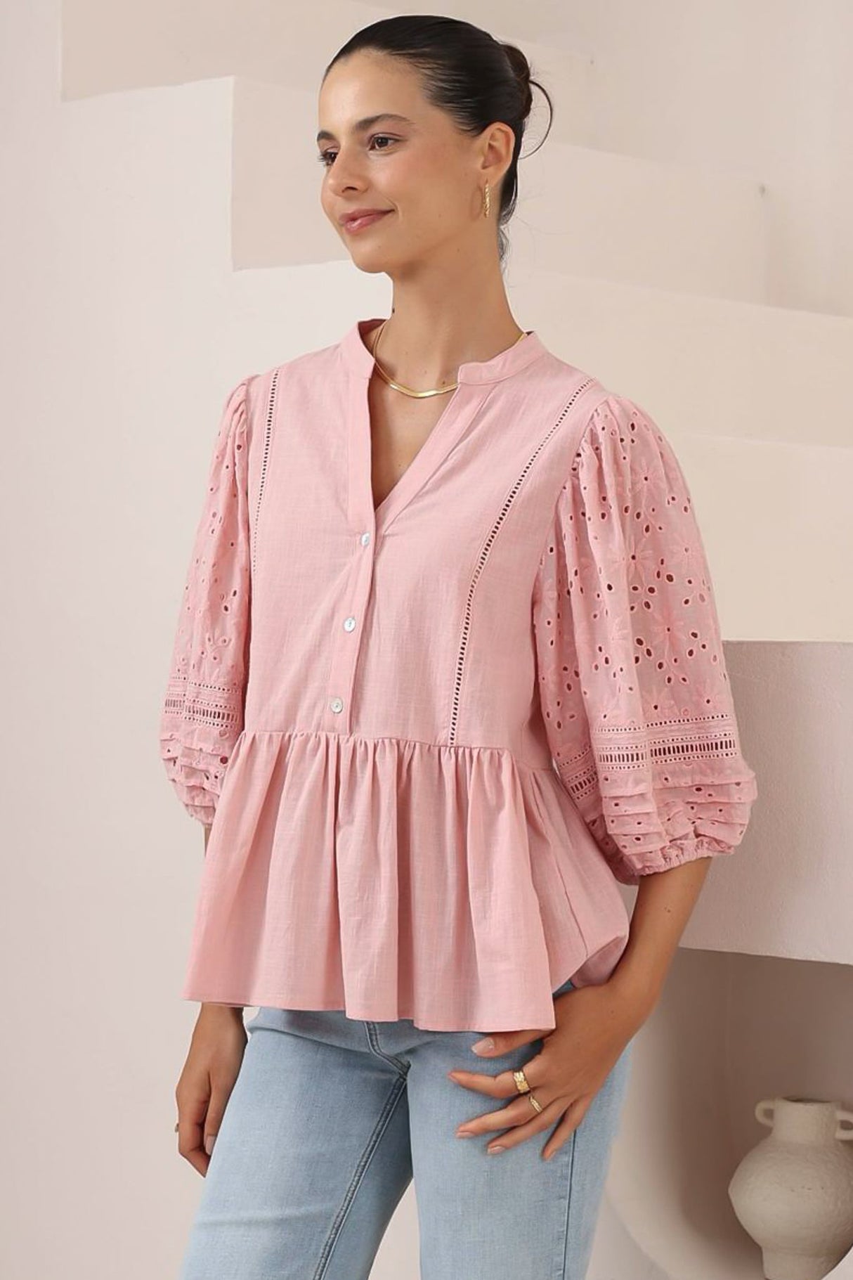 Alberta Blouse - Mandarin Collar Cut Out Embelished Balloon Sleeve Top in Pink