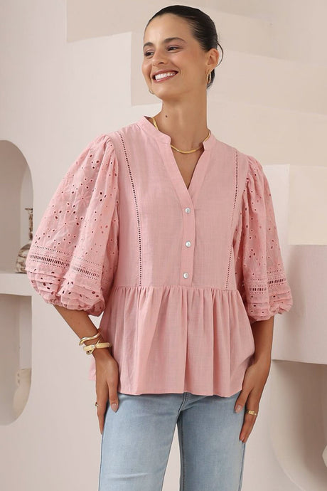 Alberta Blouse - Mandarin Collar Cut Out Embelished Balloon Sleeve Top in Pink