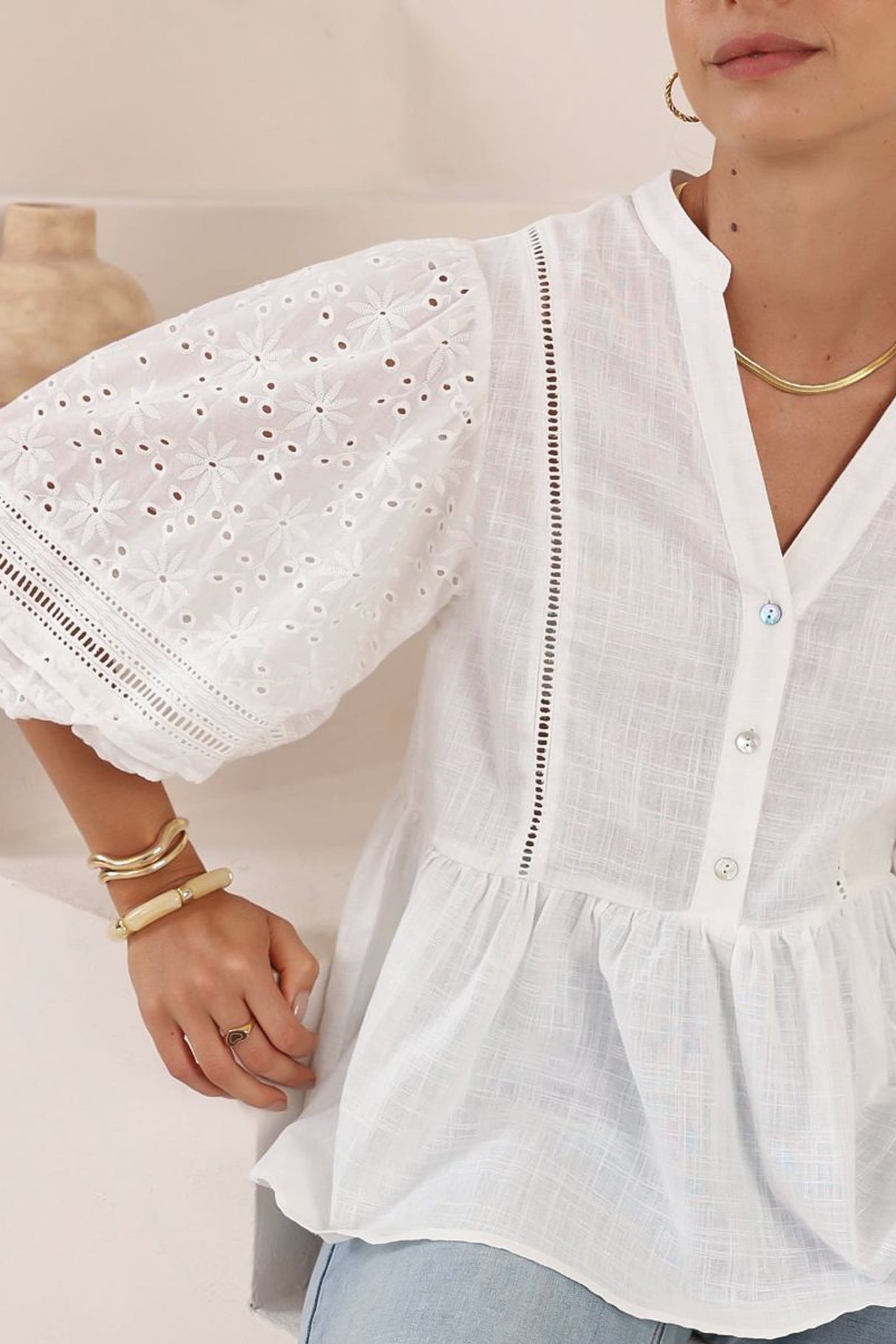 Alberta Blouse - Mandarin Collar Cut Out Embelished Balloon Sleeve Top in White