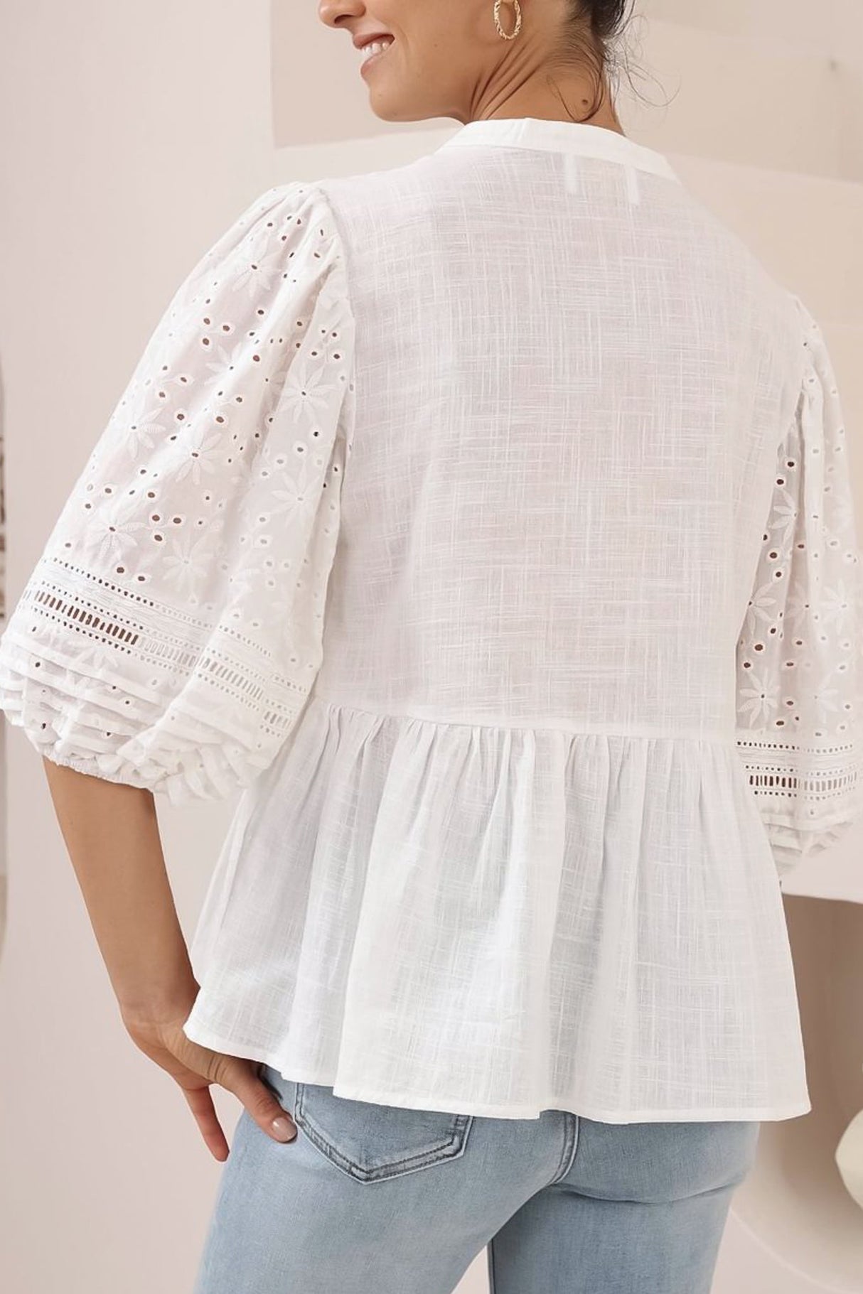 Alberta Blouse - Mandarin Collar Cut Out Embelished Balloon Sleeve Top in White