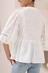 Alberta Blouse - Mandarin Collar Cut Out Embelished Balloon Sleeve Top in White
