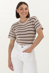 Alden Knit Top: Relaxed Striped Crew Neck Top in Mocha