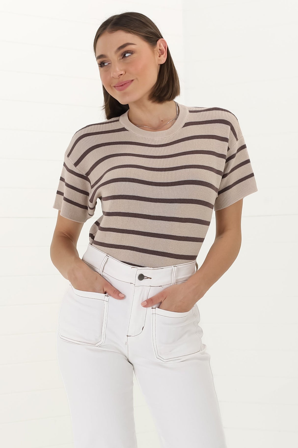 Alden Knit Top: Relaxed Striped Crew Neck Top in Mocha