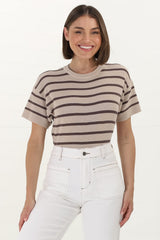 Alden Knit Top: Relaxed Striped Crew Neck Top in Mocha