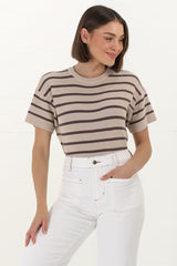 Alden Knit Top: Relaxed Striped Crew Neck Top in Mocha