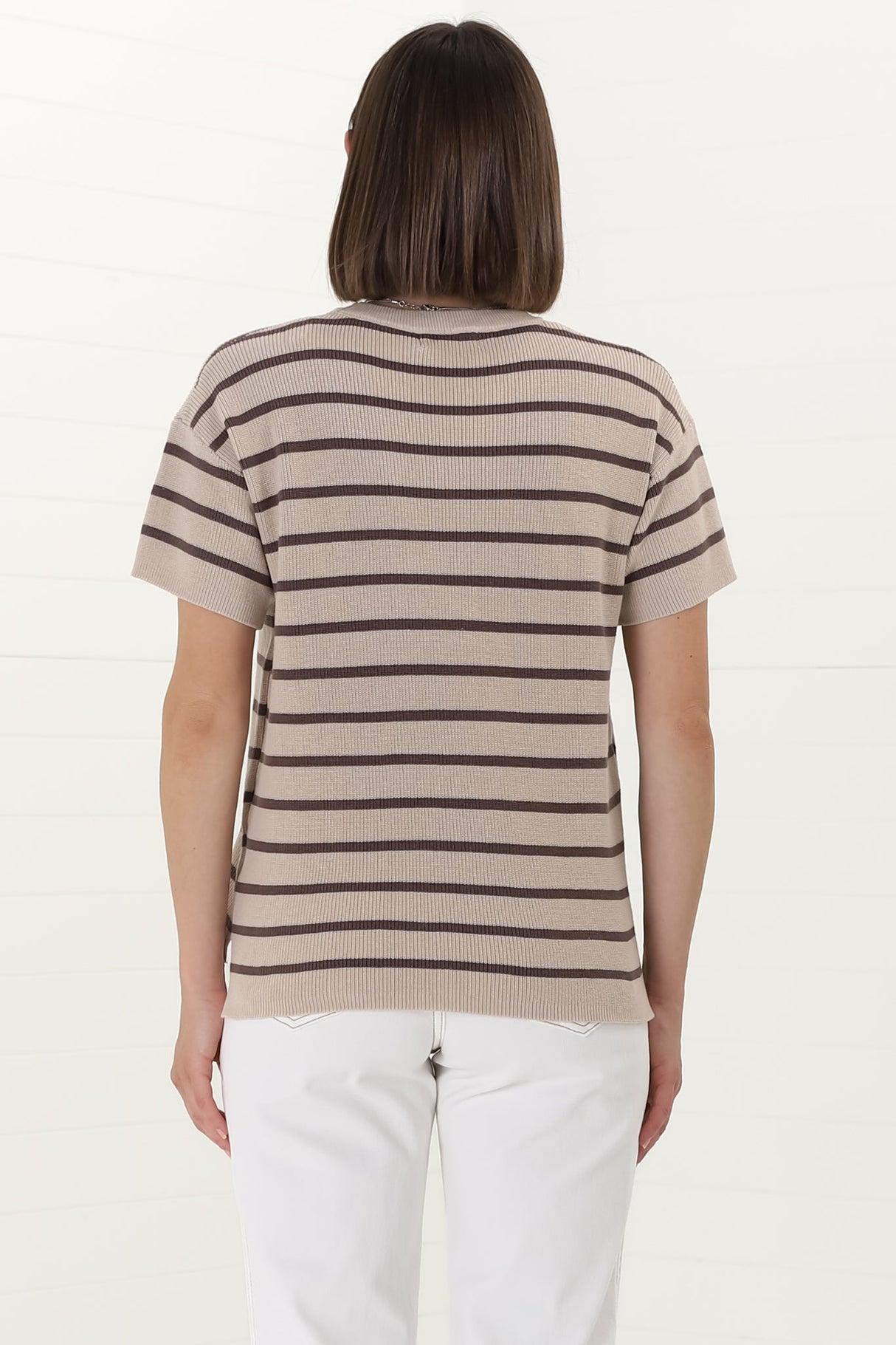 Alden Knit Top: Relaxed Striped Crew Neck Top in Mocha