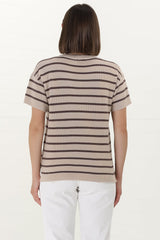 Alden Knit Top: Relaxed Striped Crew Neck Top in Mocha