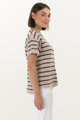 Alden Knit Top: Relaxed Striped Crew Neck Top in Mocha