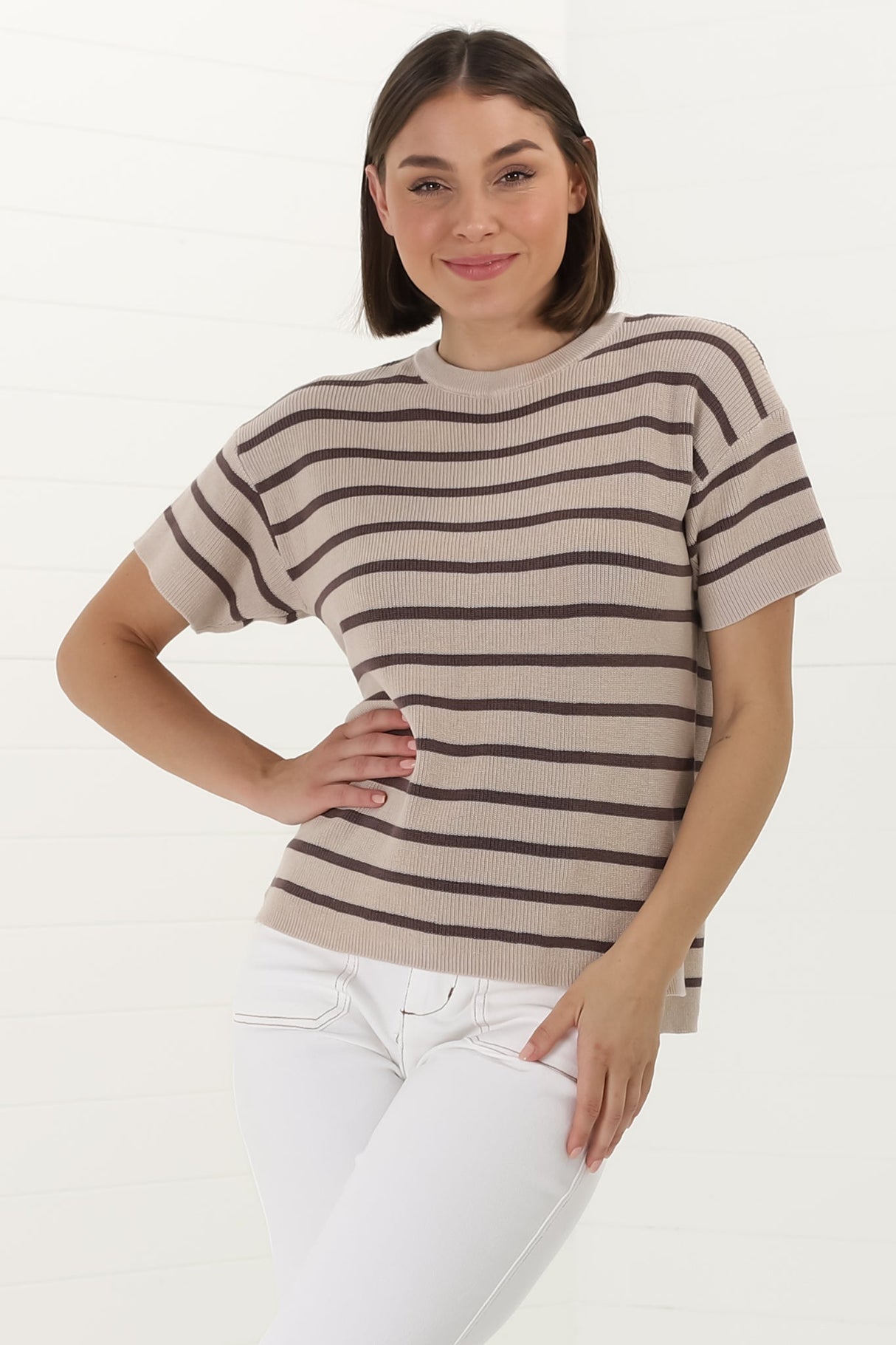 Alden Knit Top: Relaxed Striped Crew Neck Top in Mocha