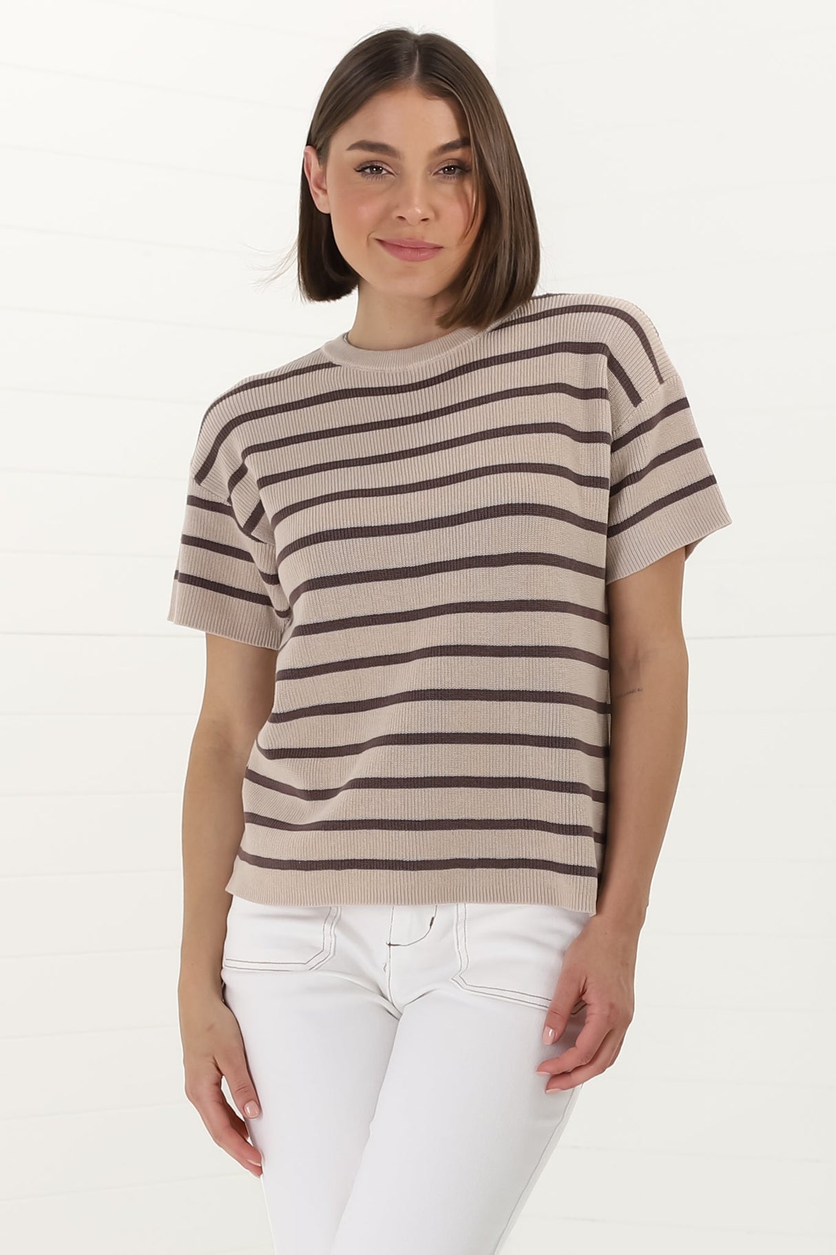 Alden Knit Top: Relaxed Striped Crew Neck Top in Mocha