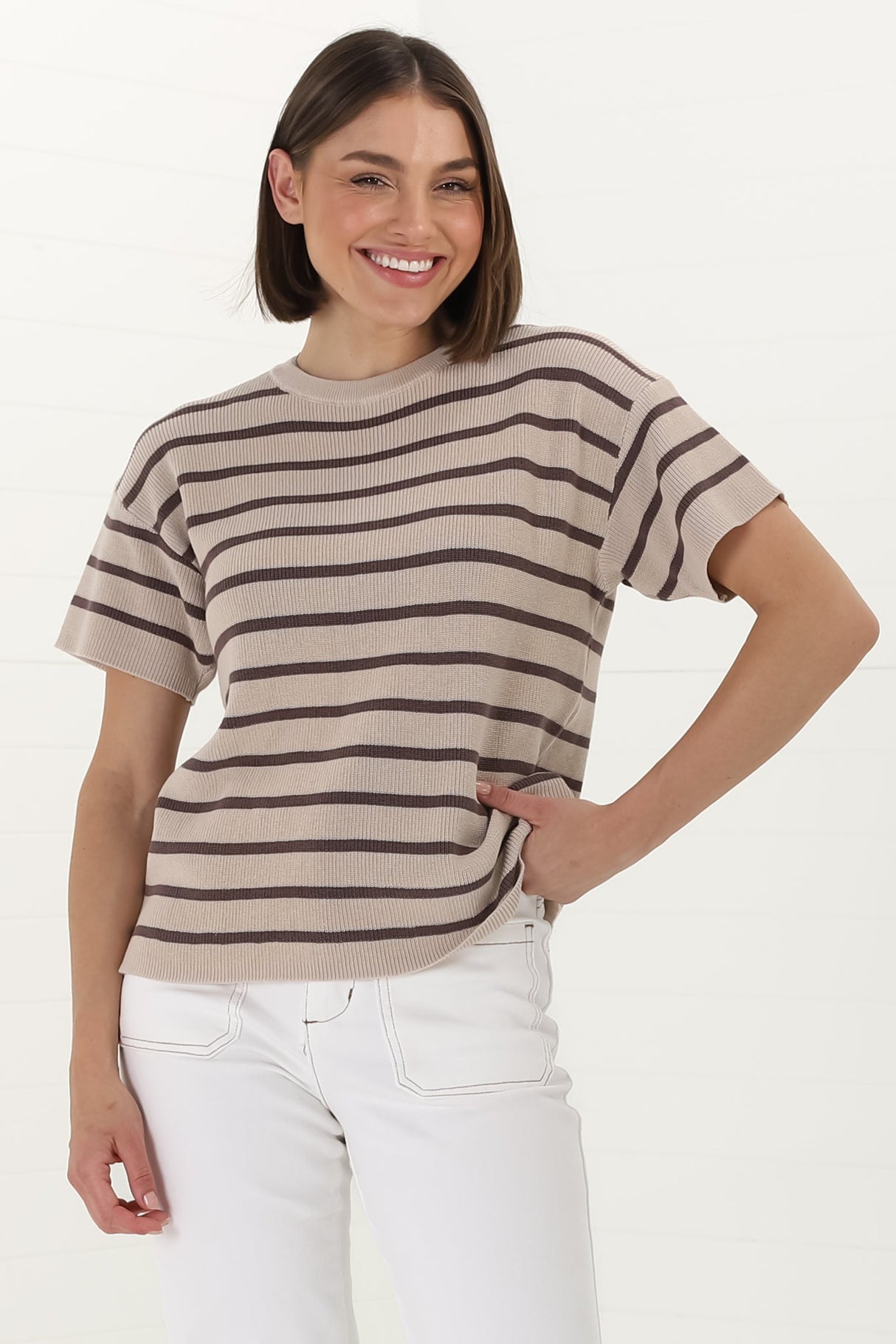 Alden Knit Top: Relaxed Striped Crew Neck Top in Mocha