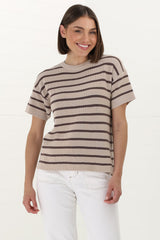 Alden Knit Top: Relaxed Striped Crew Neck Top in Mocha