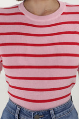 Alden Knit Top: Relaxed Striped Crew Neck Top in Pink