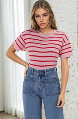 Alden Knit Top: Relaxed Striped Crew Neck Top in Pink