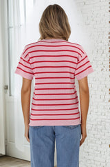 Alden Knit Top: Relaxed Striped Crew Neck Top in Pink