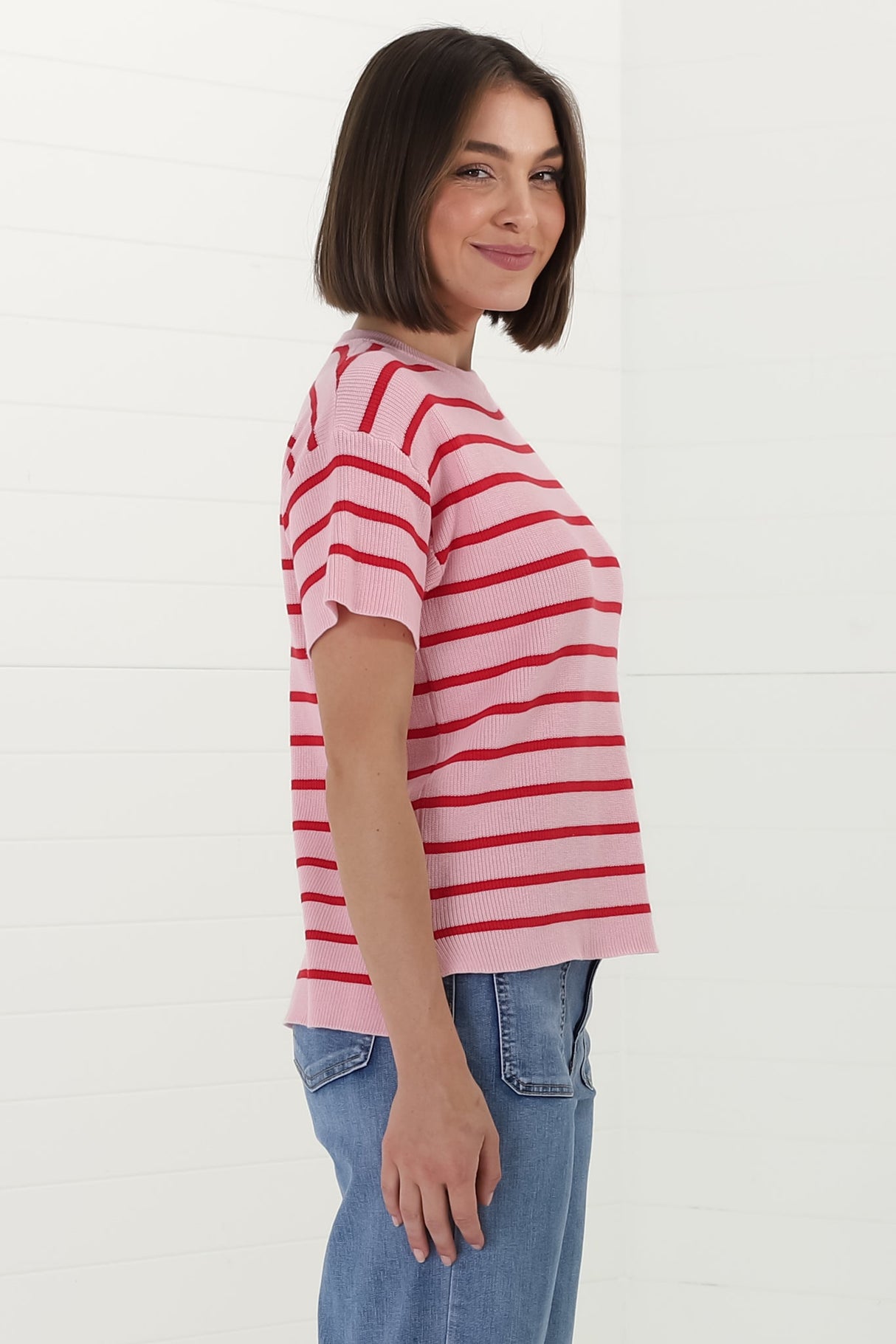 Alden Knit Top: Relaxed Striped Crew Neck Top in Pink