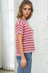 Alden Knit Top: Relaxed Striped Crew Neck Top in Pink