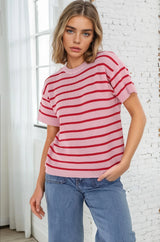 Alden Knit Top: Relaxed Striped Crew Neck Top in Pink