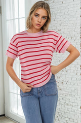 Alden Knit Top: Relaxed Striped Crew Neck Top in Pink