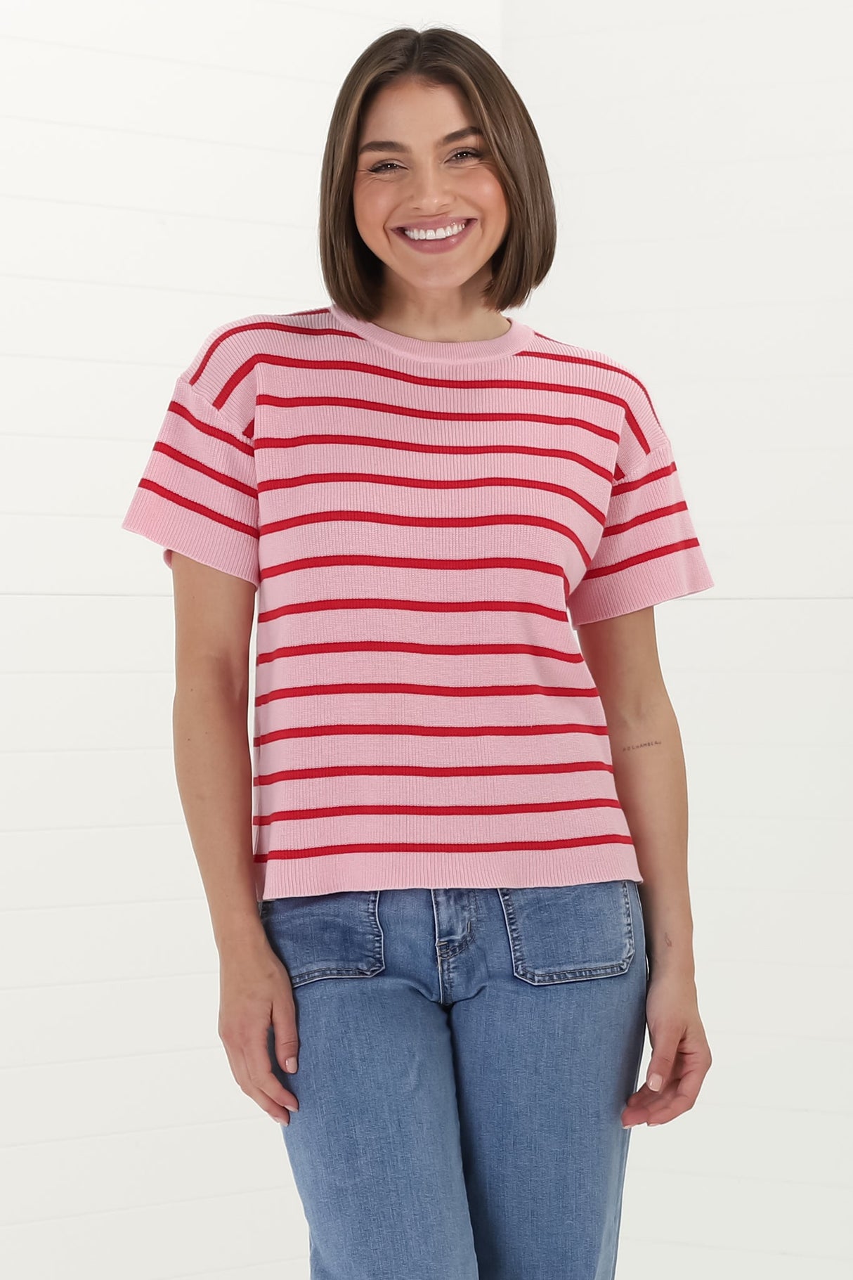 Alden Knit Top: Relaxed Striped Crew Neck Top in Pink