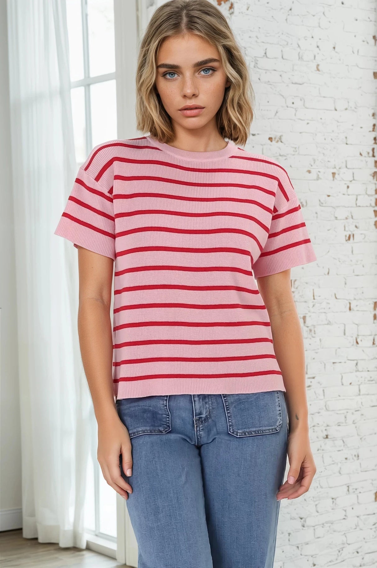 Alden Knit Top: Relaxed Striped Crew Neck Top in Pink