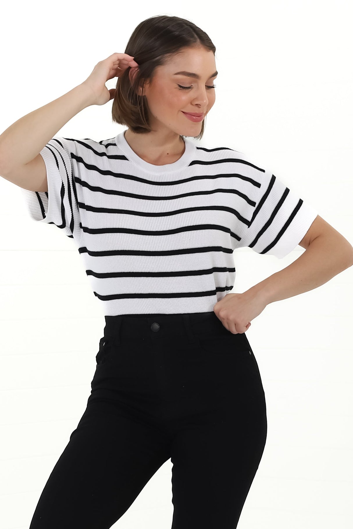 Alden Knit Top: Relaxed Striped Crew Neck Top in White