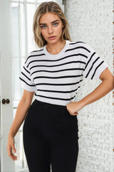 Alden Knit Top: Relaxed Striped Crew Neck Top in White