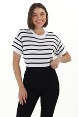 Alden Knit Top: Relaxed Striped Crew Neck Top in White